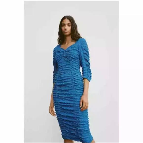 Zara Bright Blue Ruched  Bodycon Midi Dress  Bloggers Favorite Size L - Picture 12 of 12